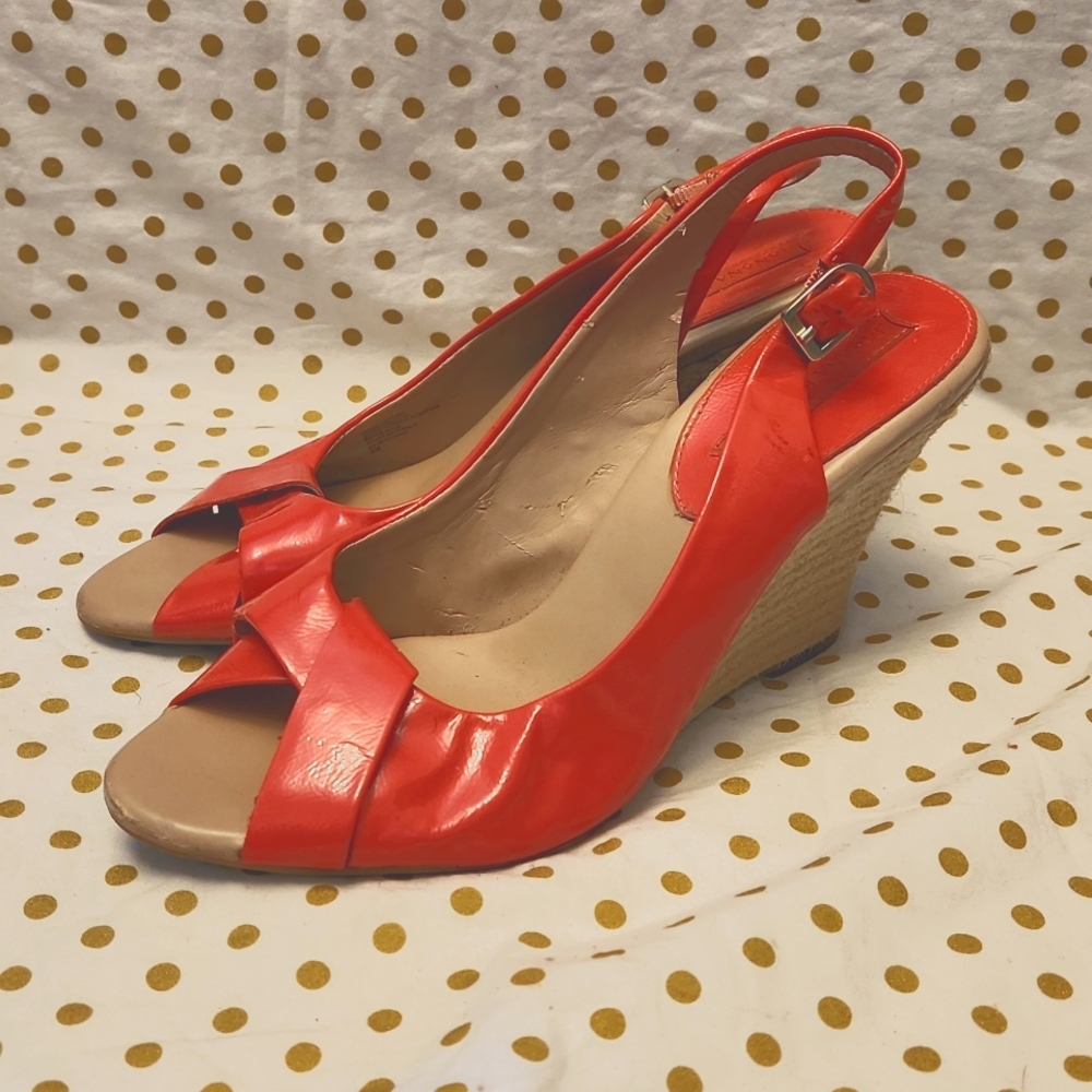 BANANA REPUBLIC coral patent leather wedge heel TARA slingback espadrille sandal